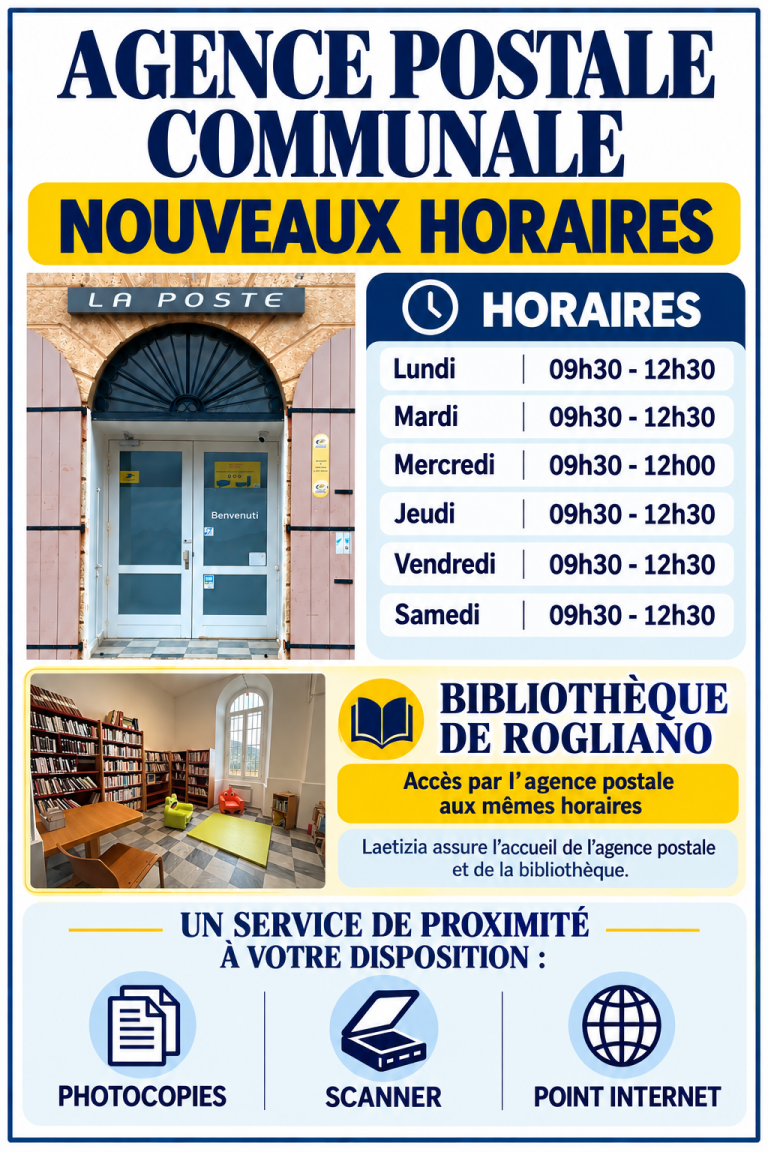AFFICHE NOUVEAU HORAIRES LA POSTE ET BIBLIO DE ROGLIANO